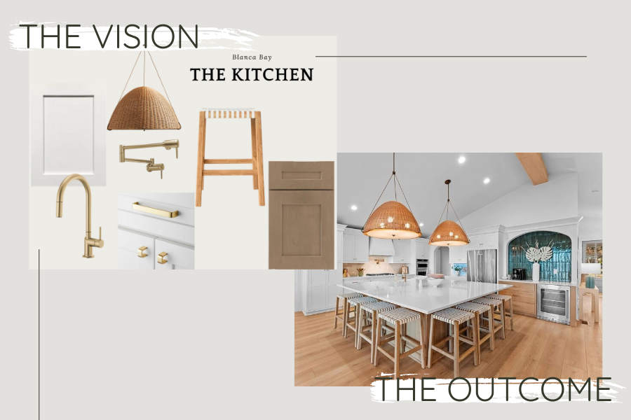 design vision board for the kitchen at Blanca Bay side by side with the final design. 