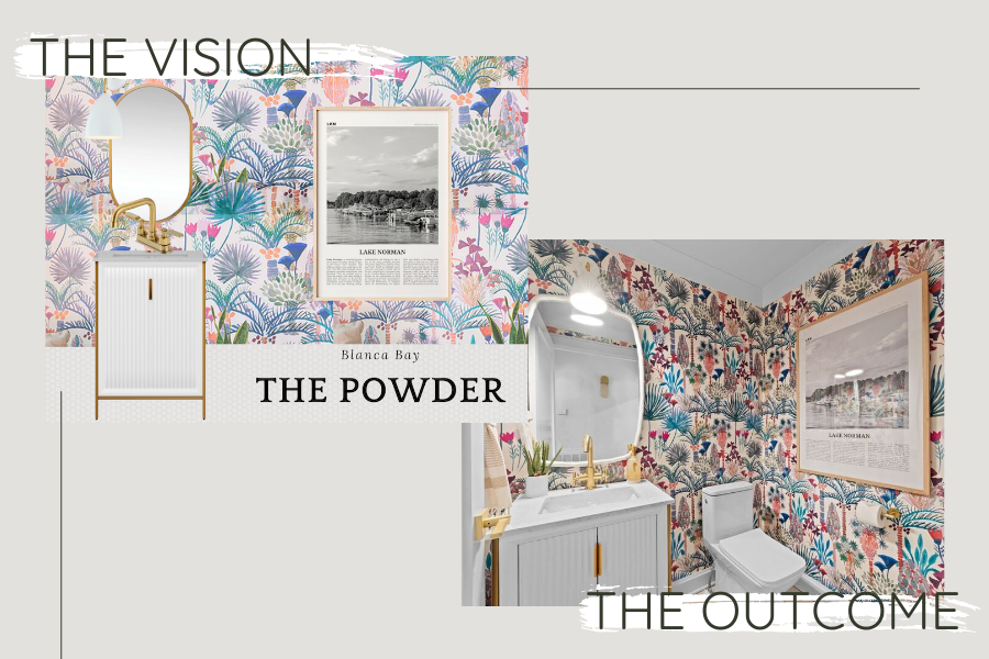 design vision board for the powder bathroom at Blanca Bay side by side with the final design. 