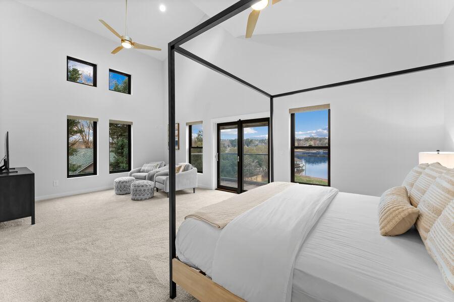 The primary bedroom at Blue Haven feels like a luxurious spa.