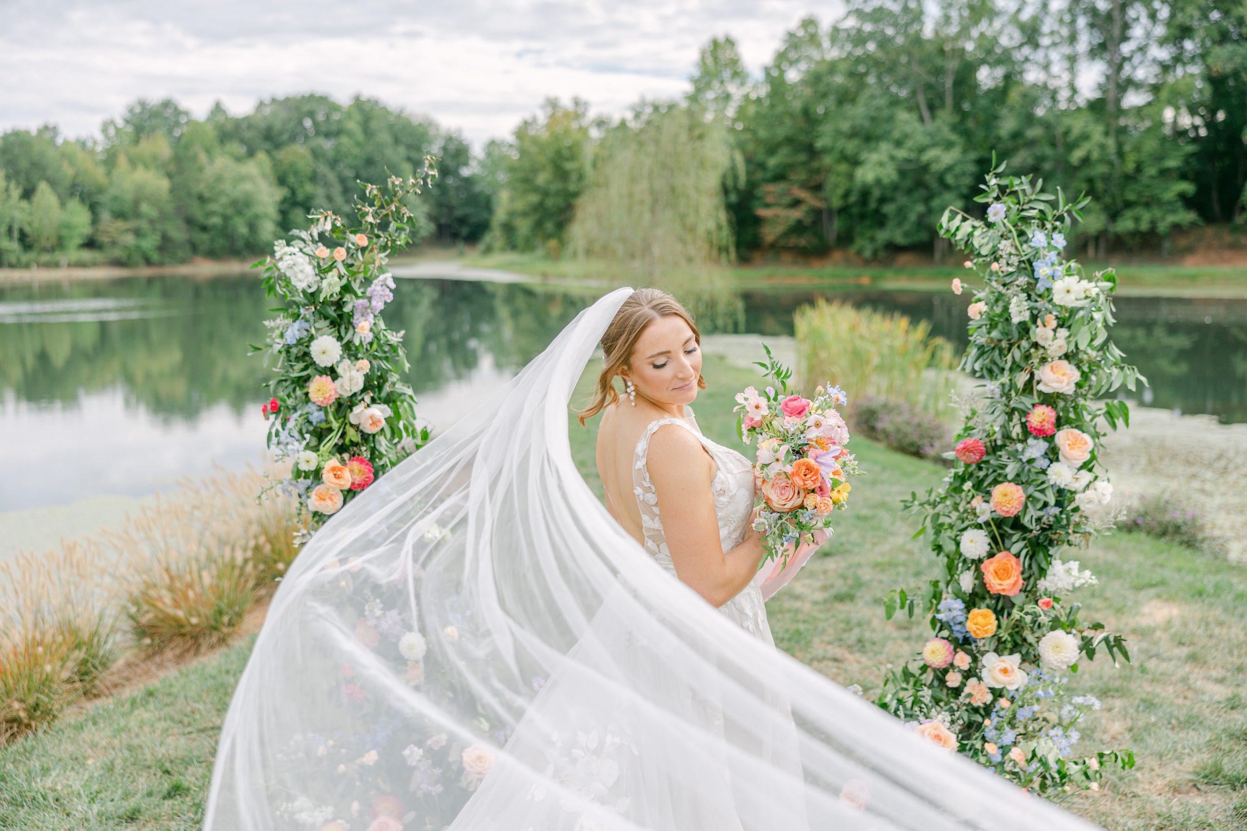 A bride on her wedding day at Splendor Pond Flower Farm, a Lake Norman wedding venue. 