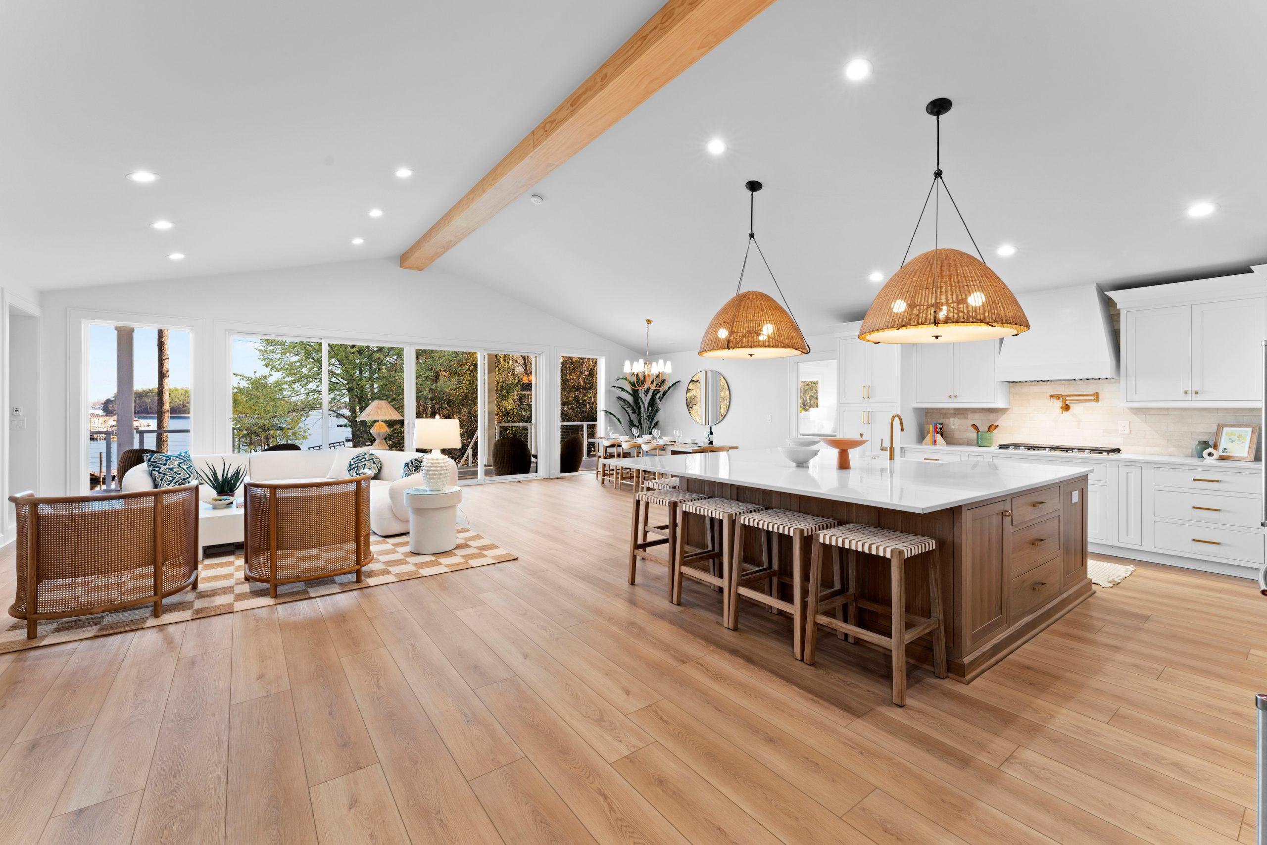 interior view of main living space and open concept kitchen at StayLakeNorman luxury waterfront vacation rental, Blanca Bay. 